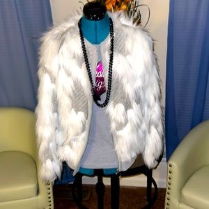 Zara | White & Gray Faux Fur Bomber Jacket